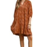 Terracotta Puff Sleeve Textured Paisley Print Shift Dress with Collar Neck