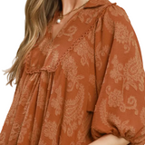 Terracotta Puff Sleeve Textured Paisley Print Shift Dress with Collar Neck