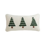 Green Embroidered Trees with Bow White Christmas Pillow