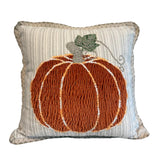 Beige Striped Square Pillow with Embroidered Pumpkin