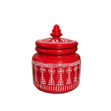 Small Red Ceramic Container & Lid with White Embossed Snowflakes & Christmas Trees