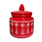 Large Red Ceramic Container & Lid with White Embossed Snowflakes & Christmas Trees