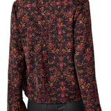 Liverpool Black & Burgundy Long Sleeve Band Collar Woven Top