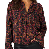 Liverpool Black & Burgundy Long Sleeve Band Collar Woven Top