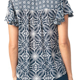 Liverpool Blue with Cream Flutter Sleeve Mix Print Button Front Woven Top