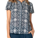Liverpool Blue with Cream Flutter Sleeve Mix Print Button Front Woven Top