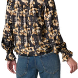 Liverpool Black & Gold Multi Floral Long Sleeve Button Front Top w/ Smocking