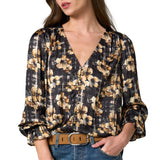 Liverpool Black & Gold Multi Floral Long Sleeve Button Front Top w/ Smocking