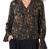 Liverpool Black & Rust Long Sleeve Woven Blouse with Pintucks