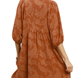 Terracotta Puff Sleeve Textured Paisley Print Shift Dress with Collar Neck