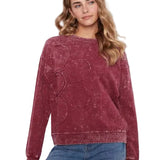 Charlie B Merlot Long Sleeve Top with Flower Appliqué Small