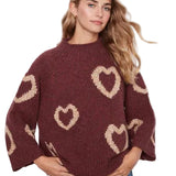 Charlie B Merlot High Neck Sweater with Hearts